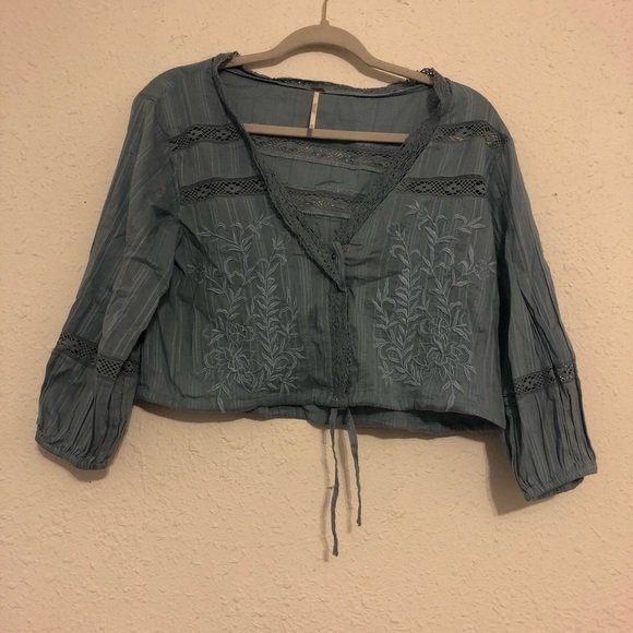 Free People Follow Your Heart Embroidered Crop Balloon Sleeve Top XS - Picture 8 of 11